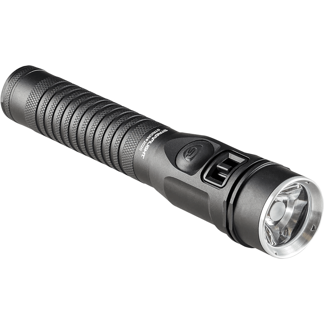 Chattanooga Streamlight Strion 1200 Lumen rechargeable LED flashlight in black with AC and 12V DC chargers, compact and powerful.