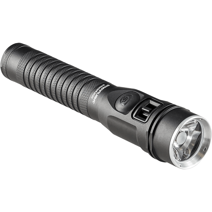 Chattanooga Streamlight Strion 1200 Lumen rechargeable LED flashlight in black with AC and 12V DC chargers, compact and powerful.