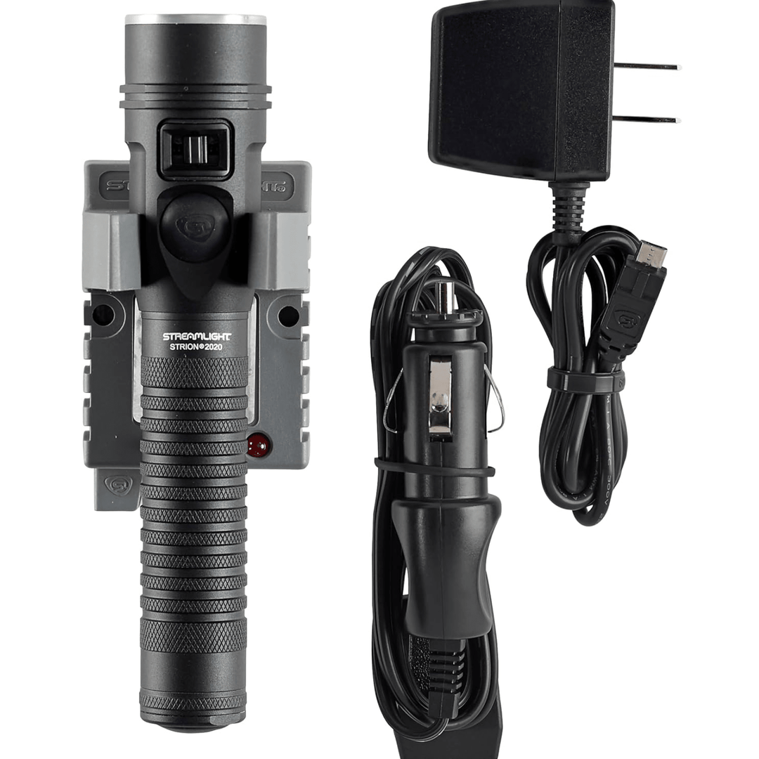 Chattanooga Streamlight Strion 1200 Lumen rechargeable LED flashlight in black with AC and 12V DC charging ports.