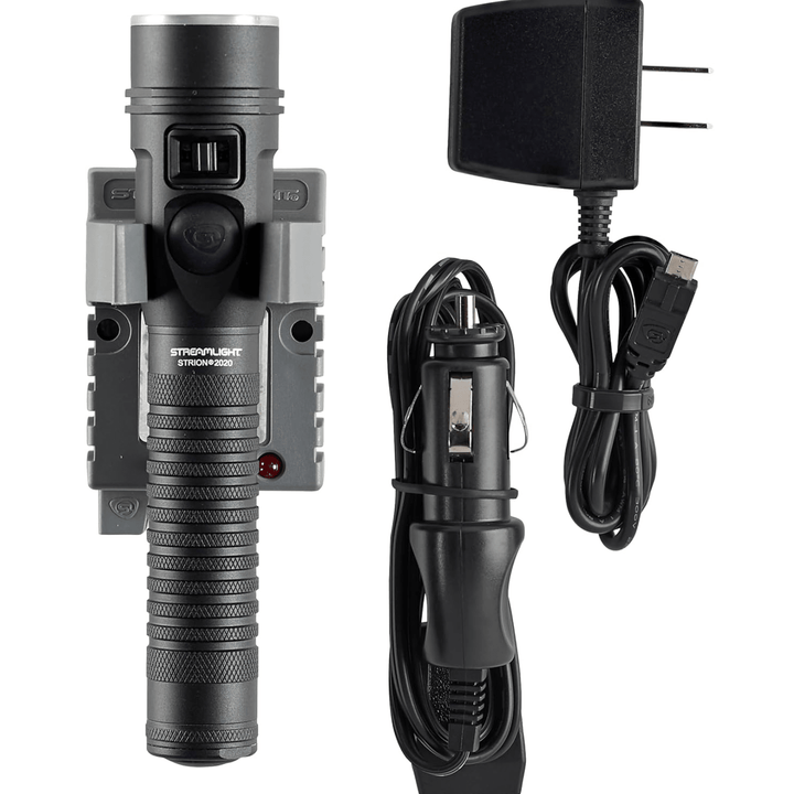 Chattanooga Streamlight Strion 1200 Lumen rechargeable LED flashlight in black with AC and 12V DC charging ports.
