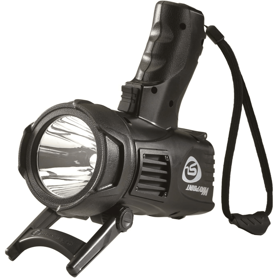 Black Streamlight Waypoint flashlight with high-performance durable long-range beam, ideal for outdoor and emergency use.