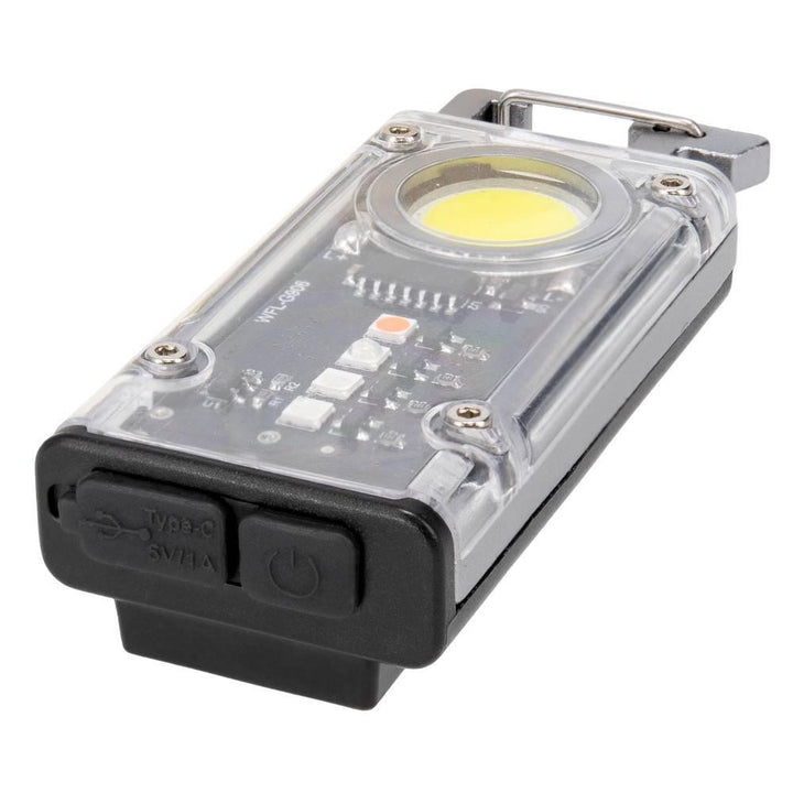 Chattanooga Cyclops Flash Clip Flashlight with 300 lumens, compact rechargeable LED light, black and silver design on a white background.