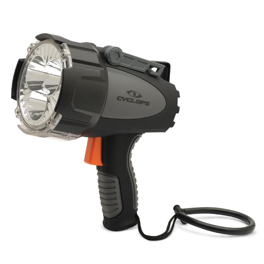 Chattanooga Cyclops rechargeable handheld spotlight with 6000 lumens, durable design, and bright LED lighting for outdoor use.