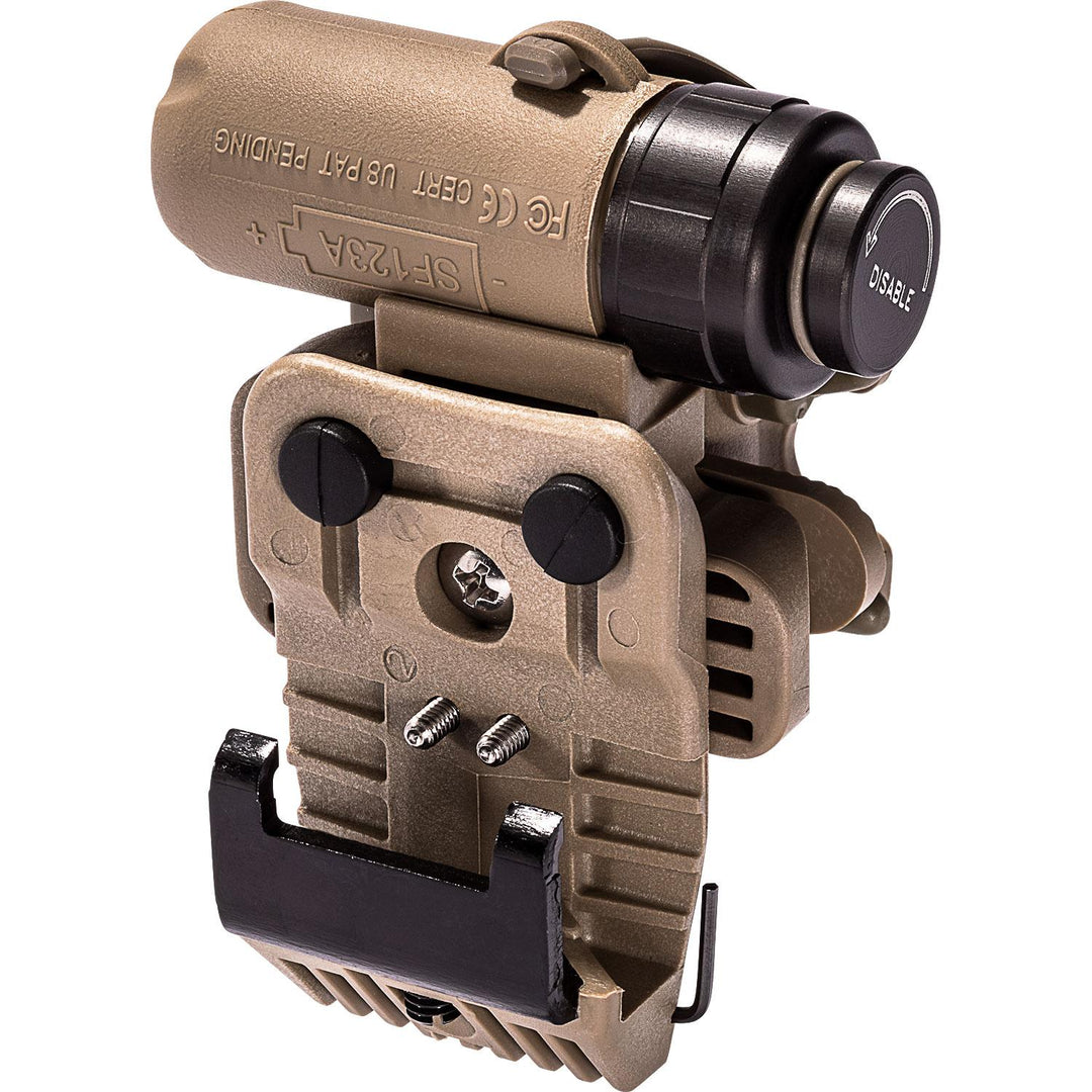 Chattanooga SF HL1 helmet light in tan with LED multi-mode, hands-free illumination, mounted on a helmet for outdoor or work use.
