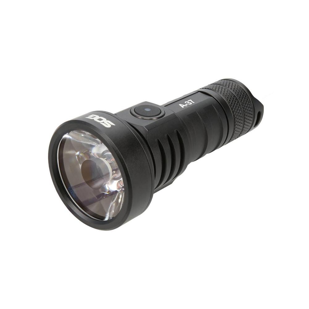 Black SOG Knives A37 flashlight with 1320 lumens, rechargeable outdoor light, featuring a durable design by Chattanooga