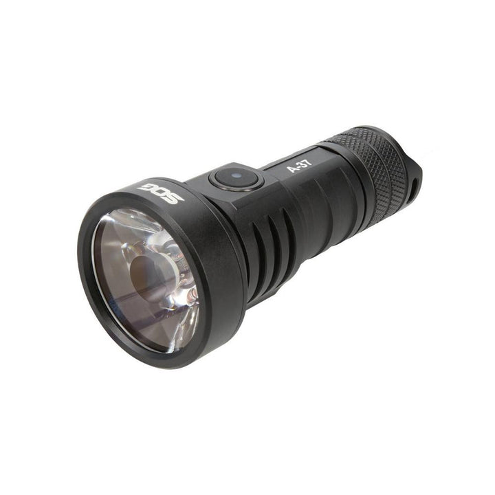 Black SOG Knives A37 flashlight with 1320 lumens, rechargeable outdoor light, featuring a durable design by Chattanooga