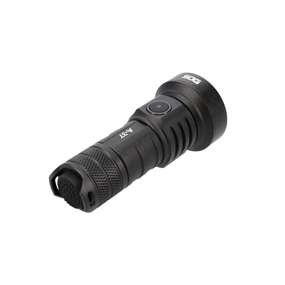 Black SOG Knives A37 flashlight with 1320 lumens, rechargeable outdoor light, compact and durable for outdoor activities.