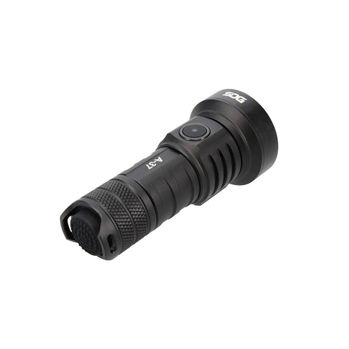 Black SOG Knives A37 flashlight with 1320 lumens, rechargeable outdoor light, compact and durable for outdoor activities.