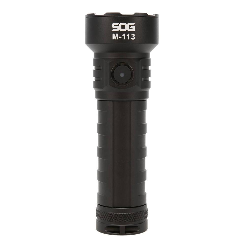 Black Chattanooga SOG Knives M113 flashlight with 4000 lumens, rechargeable outdoor light, durable design, and ergonomic grip.