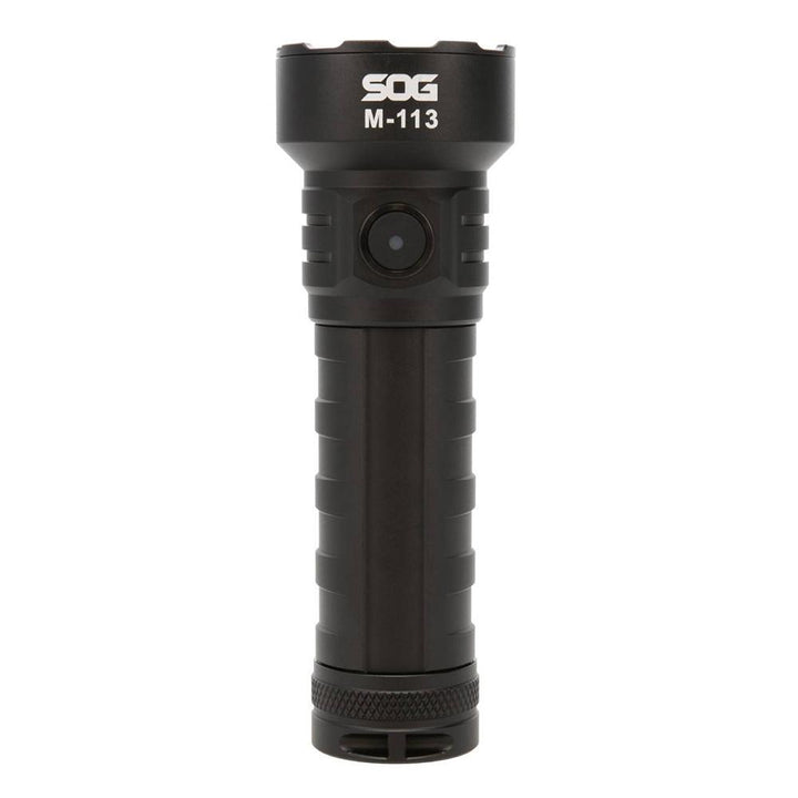 Black Chattanooga SOG Knives M113 flashlight with 4000 lumens, rechargeable outdoor light, durable design, and ergonomic grip.