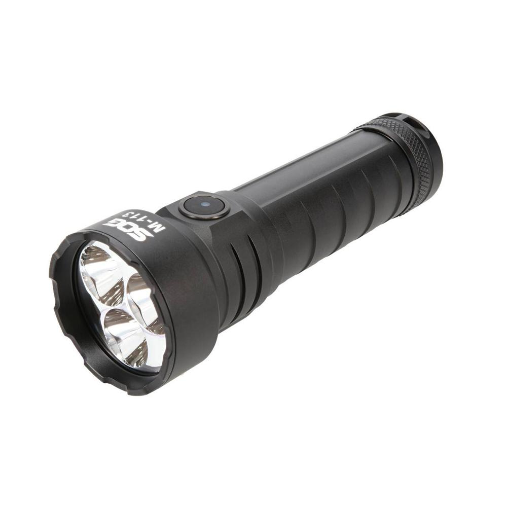 Black SOG Knives M113 flashlight with rechargeable battery and 4000 lumens, suitable for outdoor use, by Chattanooga.