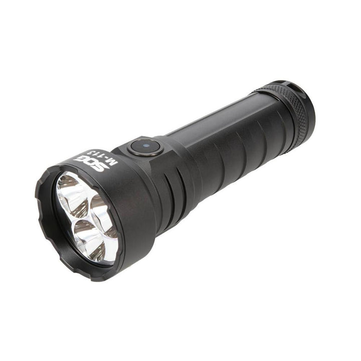 Black SOG Knives M113 flashlight with rechargeable battery and 4000 lumens, suitable for outdoor use, by Chattanooga.
