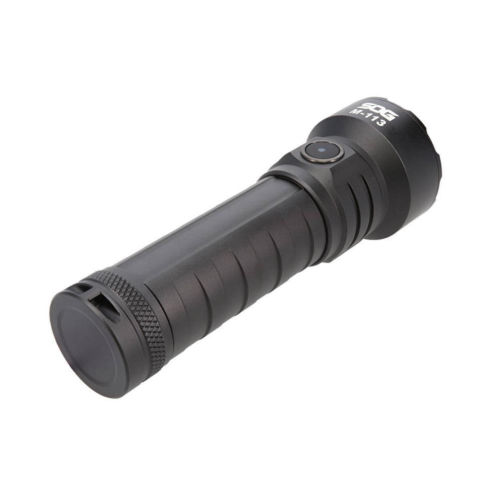 Black Chattanooga SOG Knives M113 flashlight with 4000 lumens, rechargeable outdoor light, rugged and durable for outdoor use.