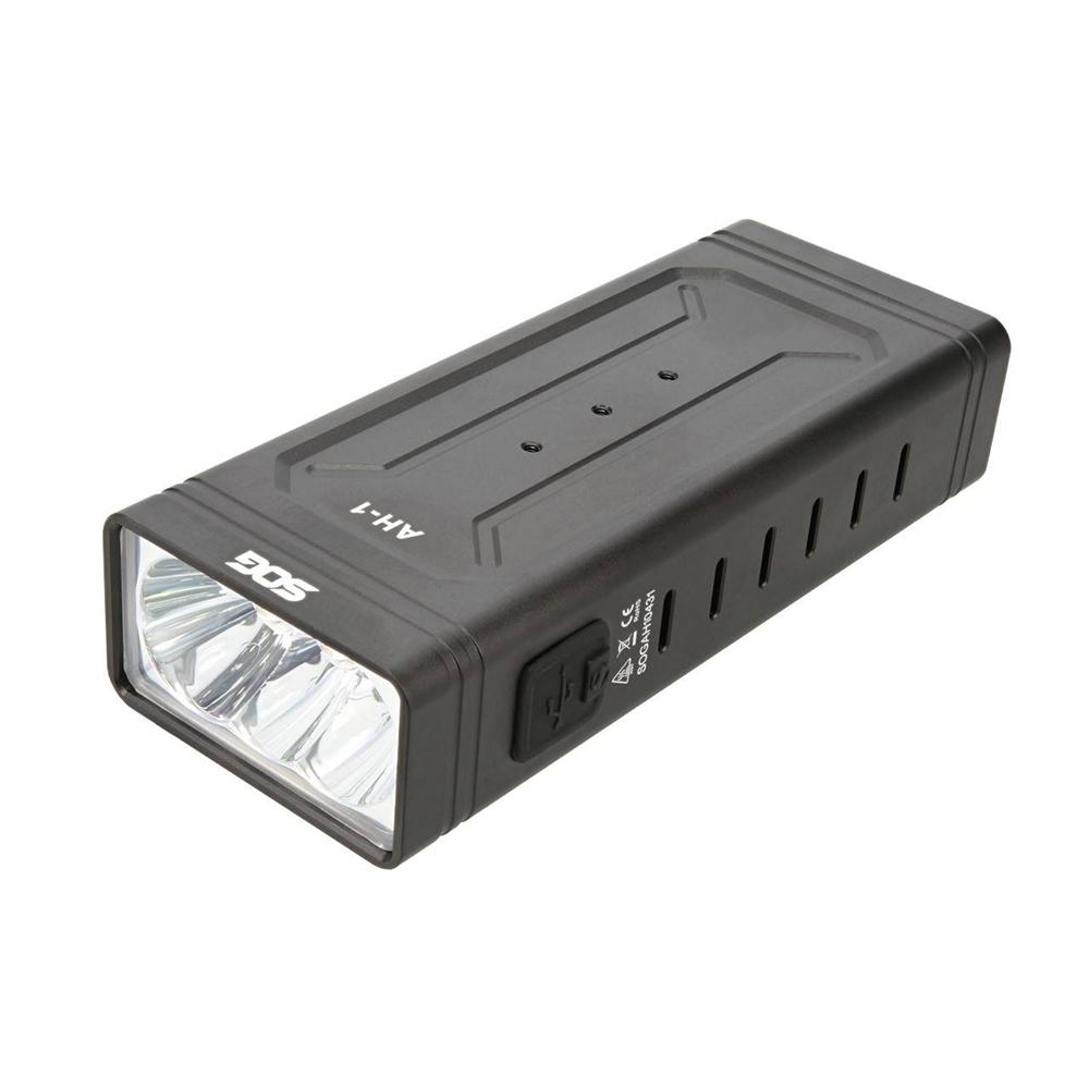 Black Chattanooga SOG Knives M113 flashlight with 4000 lumens, rechargeable outdoor light, durable and powerful for outdoor use.