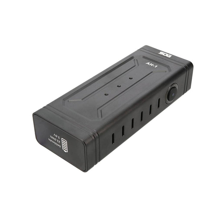Black SOG Knives M113 flashlight with 4000 lumens, rechargeable outdoor light, compact and durable for outdoor use.