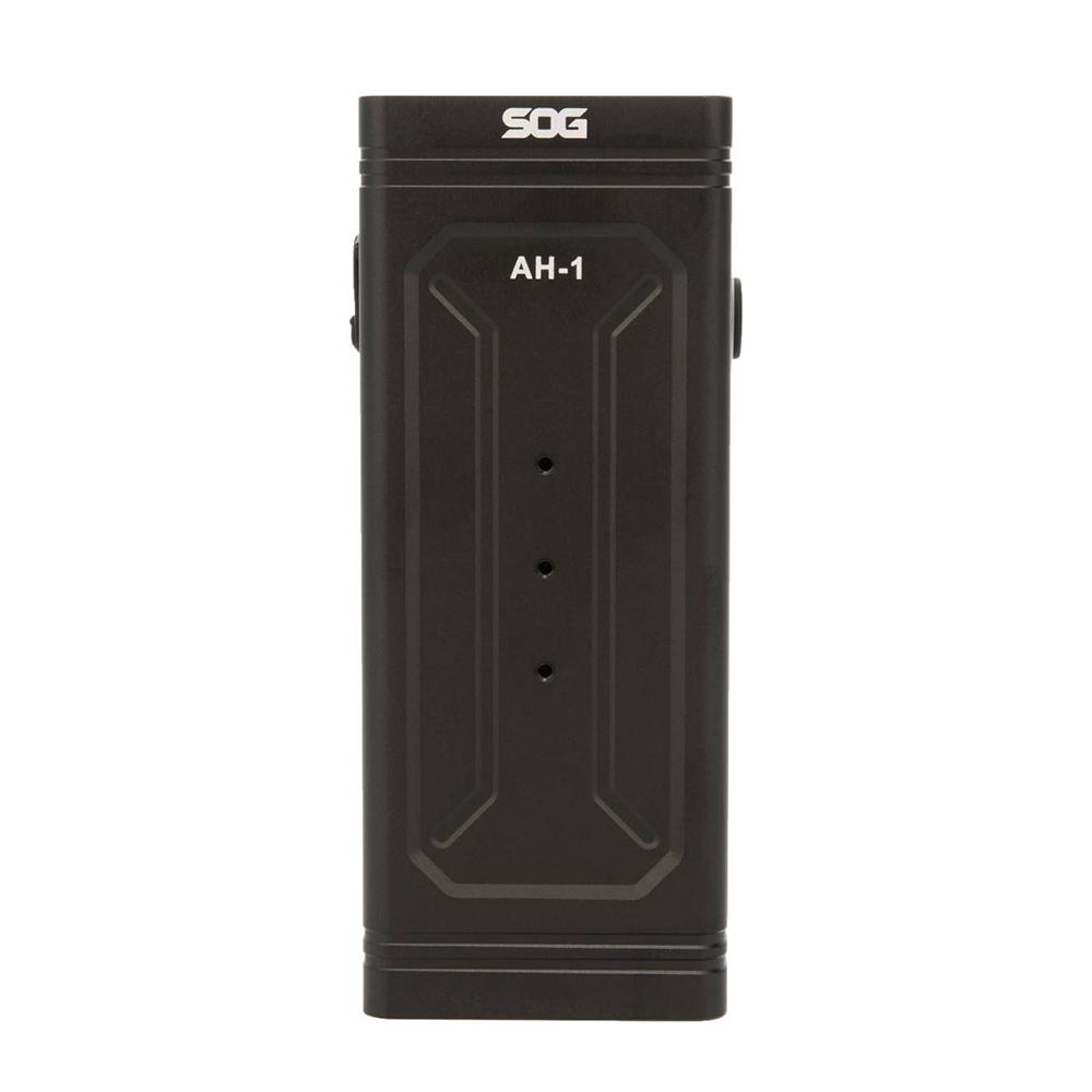 Black SOG Knives M113 flashlight emitting bright light, rechargeable outdoor light with 4000 lumens, designed for outdoor use.