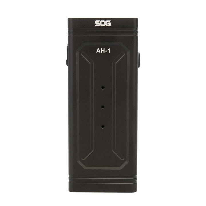 Black SOG Knives M113 flashlight emitting bright light, rechargeable outdoor light with 4000 lumens, designed for outdoor use.