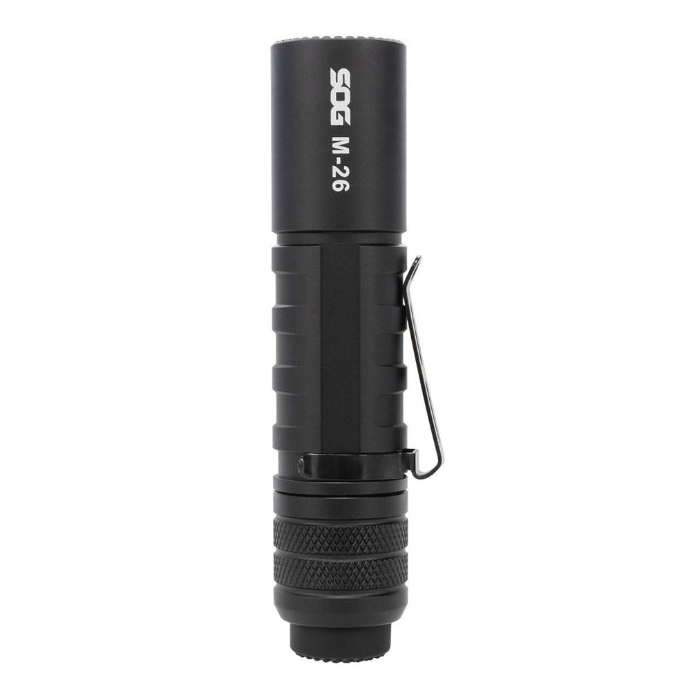 Black SOG Knives M26 flashlight with 1300 lumens, rechargeable outdoor light, handheld, durable design for outdoor use.
