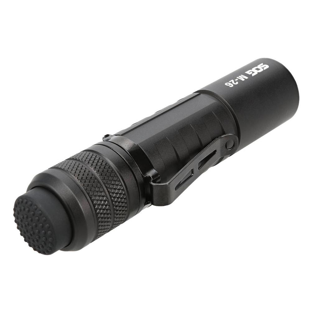 Black SOG Knives M26 flashlight with 1300 lumens, rechargeable outdoor light, featuring a compact design and durable construction.