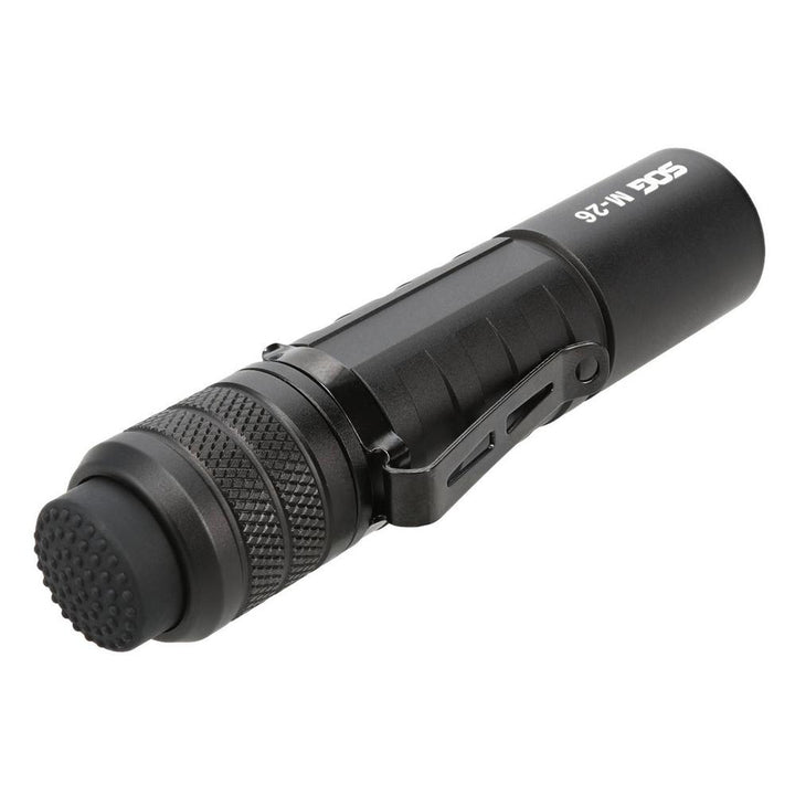 Black SOG Knives M26 flashlight with 1300 lumens, rechargeable outdoor light, featuring a compact design and durable construction.