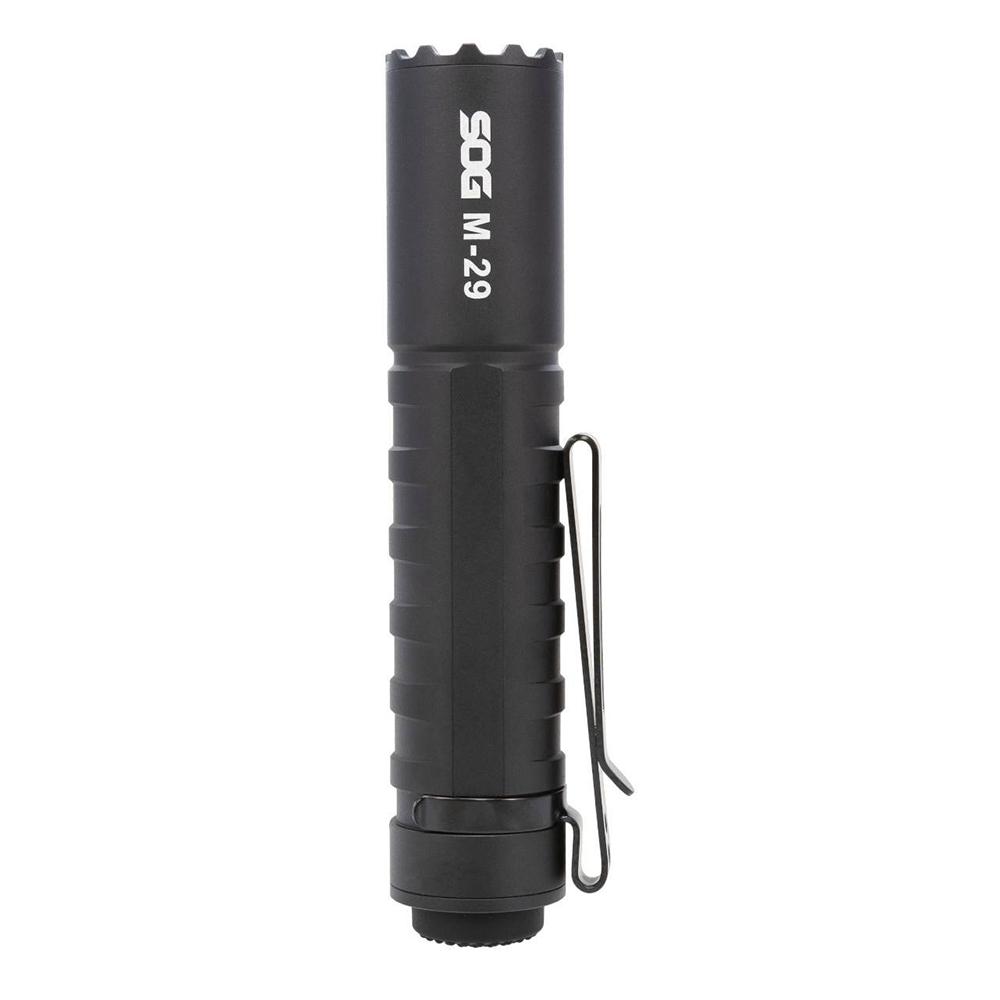 Chattanooga SOG Knives M29 flashlight with 2000 lumens, black rechargeable outdoor light, showing LED beam and textured body.
