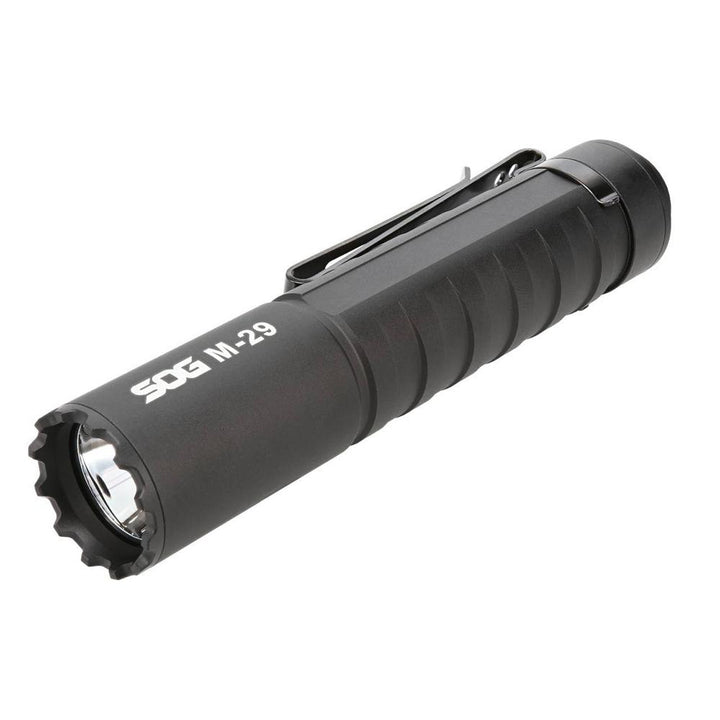 Chattanooga SOG Knives M29 flashlight in black, 2000 lumens, rechargeable outdoor LED flashlight with durable design
