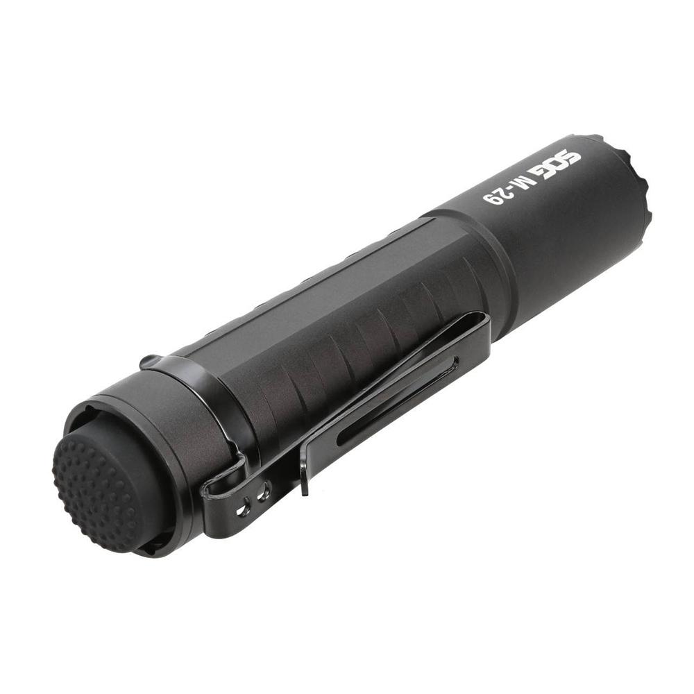 Black SOG M29 flashlight by Chattanooga with 2000 lumens, rechargeable outdoor light, compact and durable.