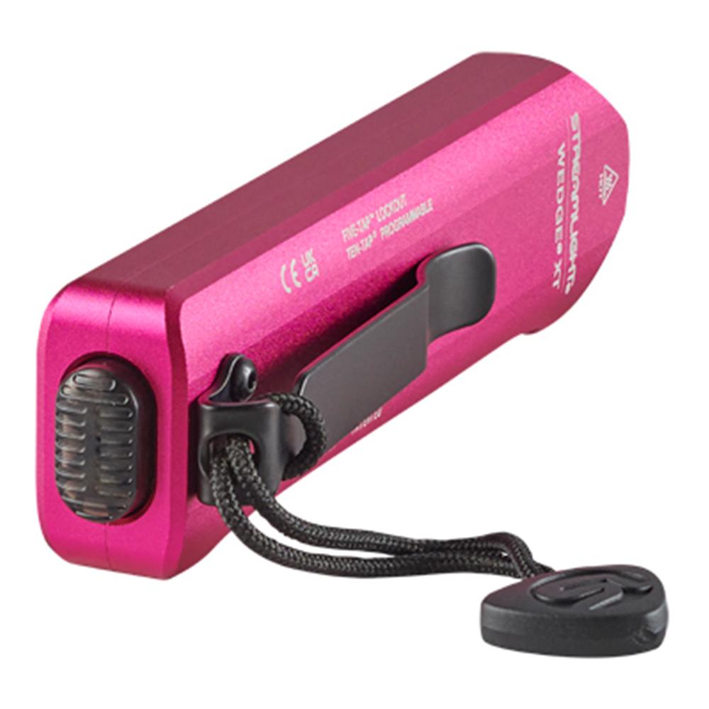 Pink Chattanooga Streamlight Wedge XT flashlight with USB-C cord and pocket lanyard, compact and durable for outdoor use.