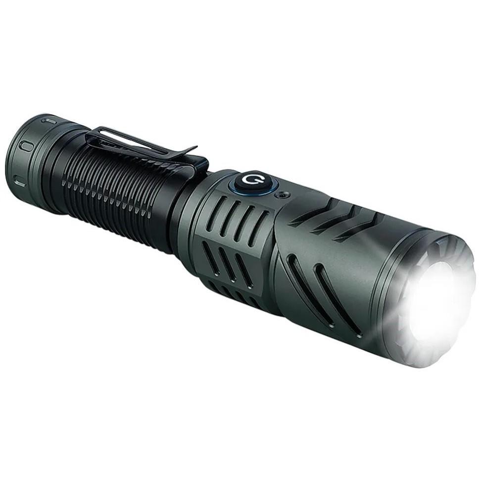 Chattanooga Konus 2K flashlight with 1500 lumens, rechargeable battery, 2500 lumens turbo mode, outdoor use, black handheld design.