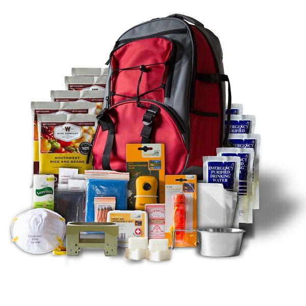 Red survival backpack with Chattanooga 5-day, 32-serving food and drink supplies for one person, ideal for emergency preparedness.