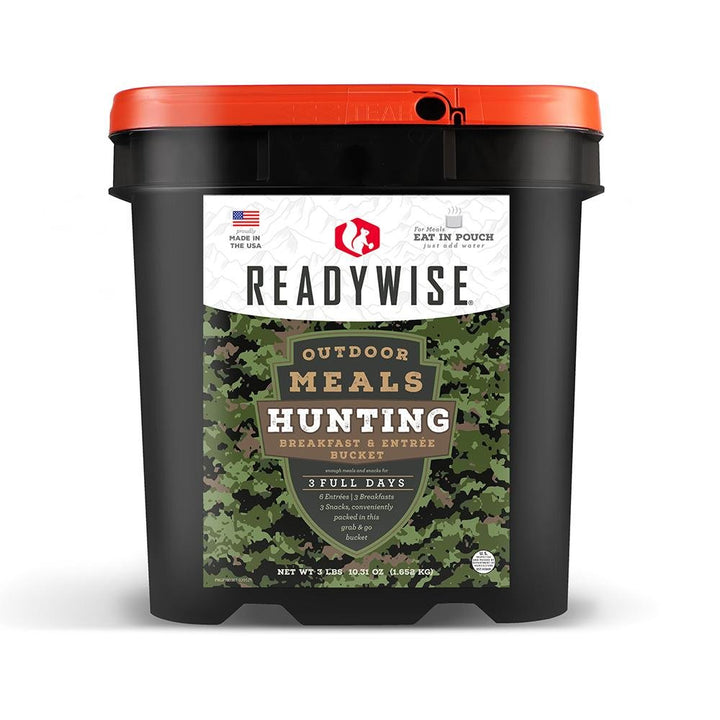 Chattanooga ReadyWise outdoor food kit with bucket, includes 3 days of meals, snacks, and entrees for camping or outdoor adventures.