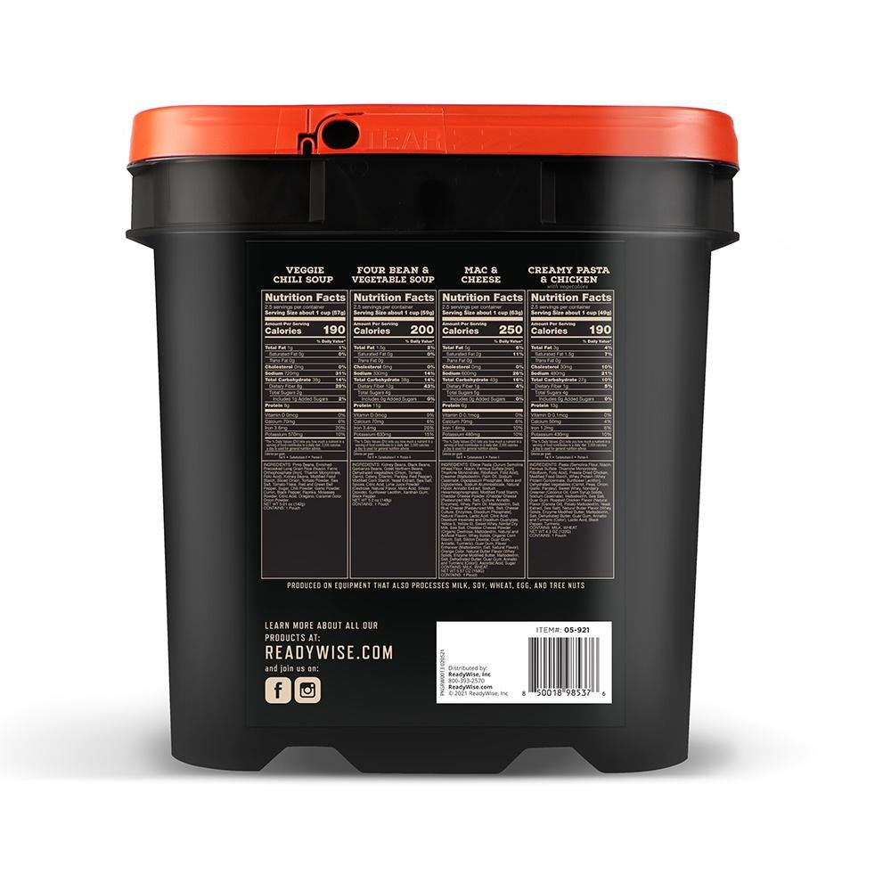Chattanooga ReadyWise outdoor food kit with bucket containing 3-day supply of meals, snacks, and entrees for camping or outdoor use