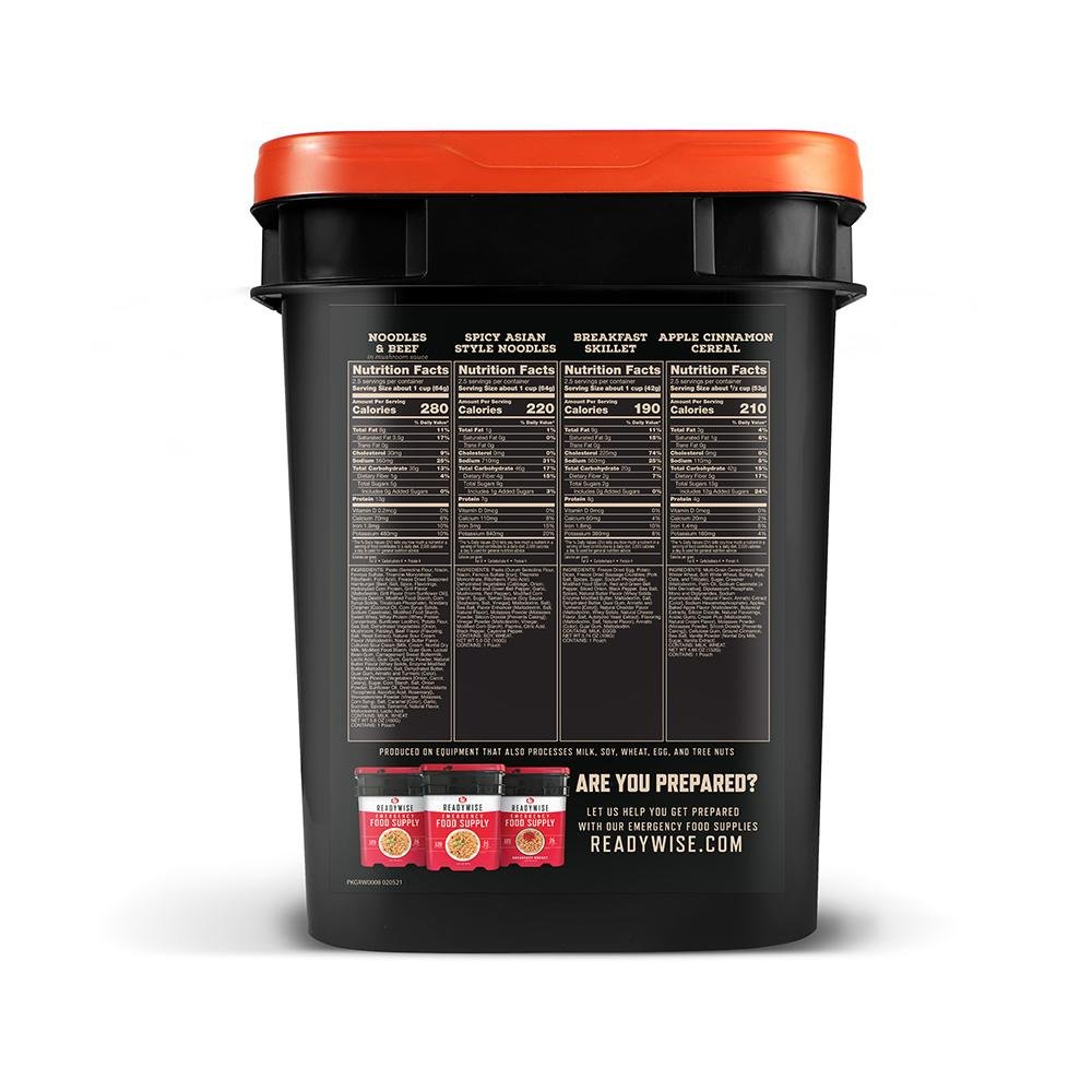 Chattanooga ReadyWise outdoor food bucket with 3-day meals, snacks, and entrees for camping and outdoor adventures.