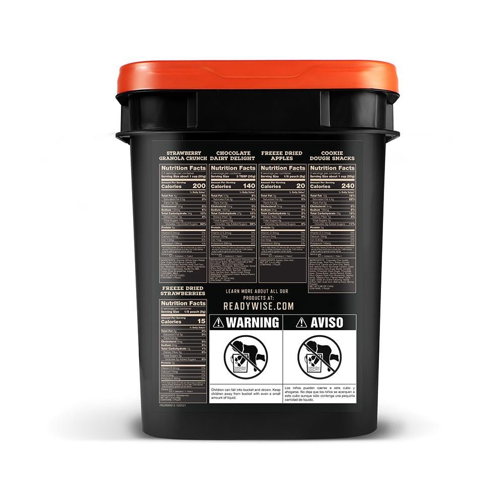 Chattanooga ReadyWise outdoor food kit with bucket, includes 3-day supply of meals, snacks, and entrees for camping or outdoor use.
