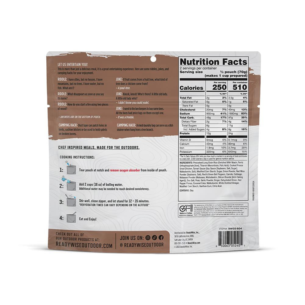 Single-serve Chattanooga ReadyWise CP Chicken Teriyaki and Rice meal in a microwaveable container.