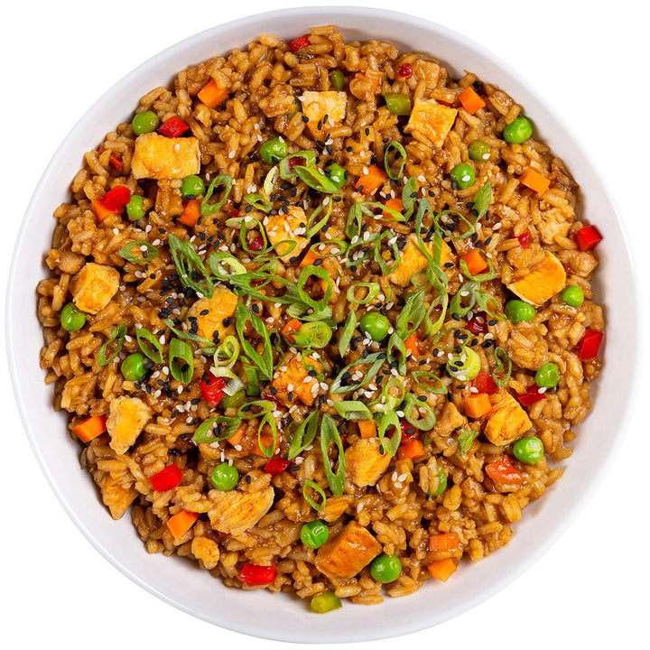 Chattanooga ReadyWise CP Chicken Teriyaki and Rice single-serve food meal in a plastic container with rice and chicken slices