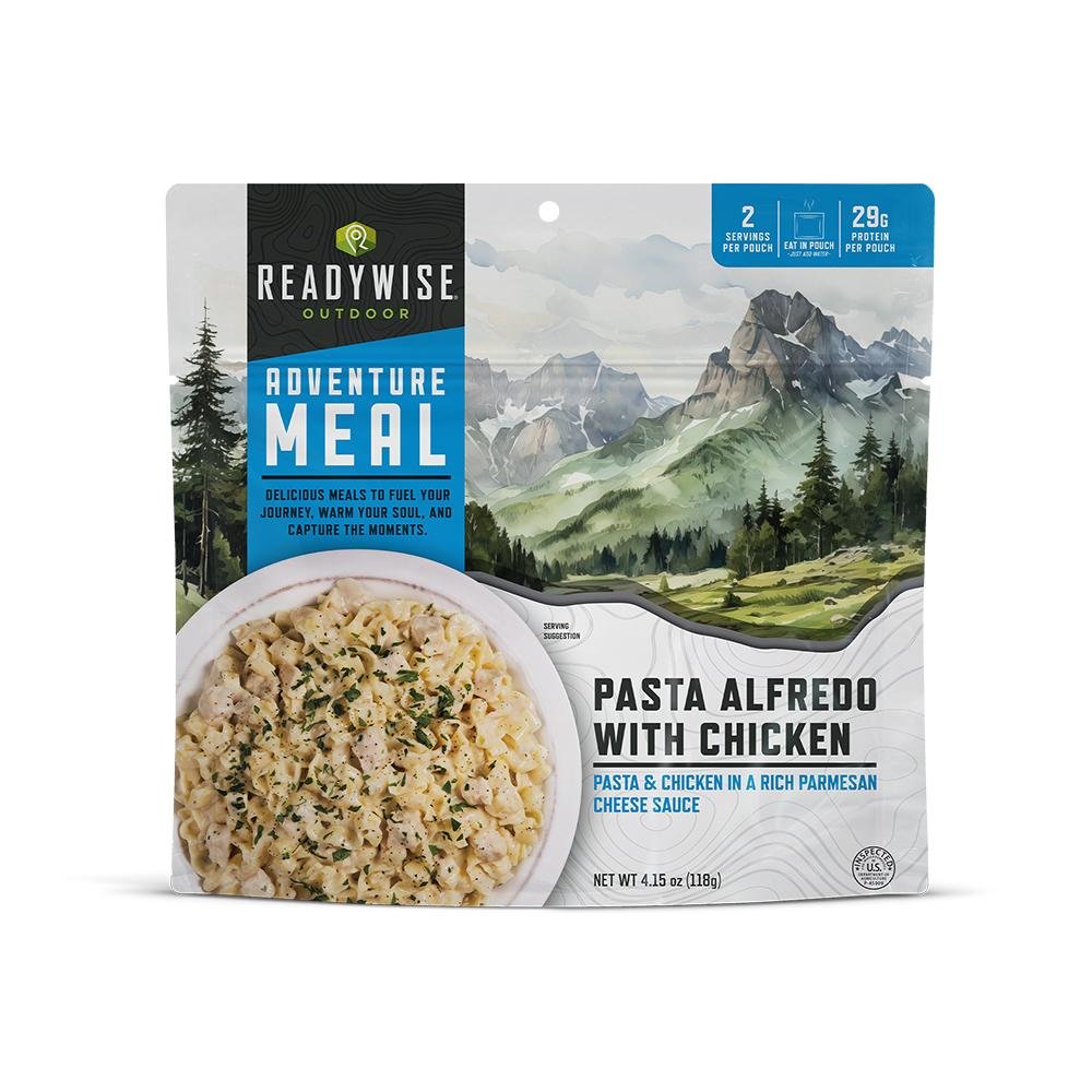 Chattanooga ReadyWise CP Pasta Alfredo with Chicken single serve meal in a ready-to-eat food package with pasta and chicken pieces.