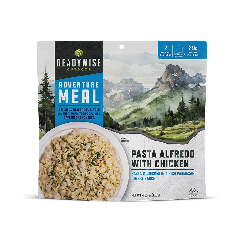 Chattanooga ReadyWise CP Pasta Alfredo with Chicken single serve meal in a ready-to-eat food package with pasta and chicken pieces.