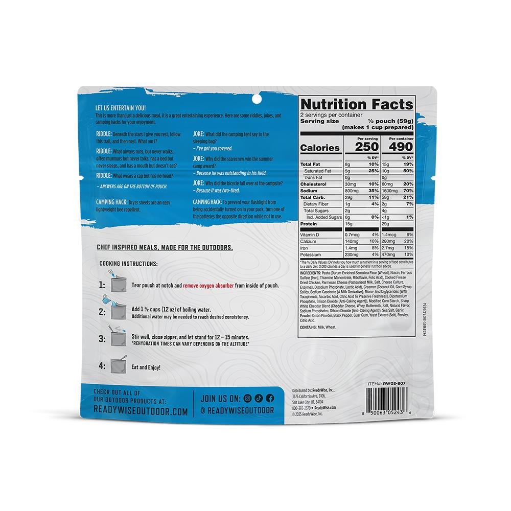 Chattanooga ReadyWise CP Pasta Alfredo with Chicken single-serve food dish, creamy pasta with chicken in a sealed container