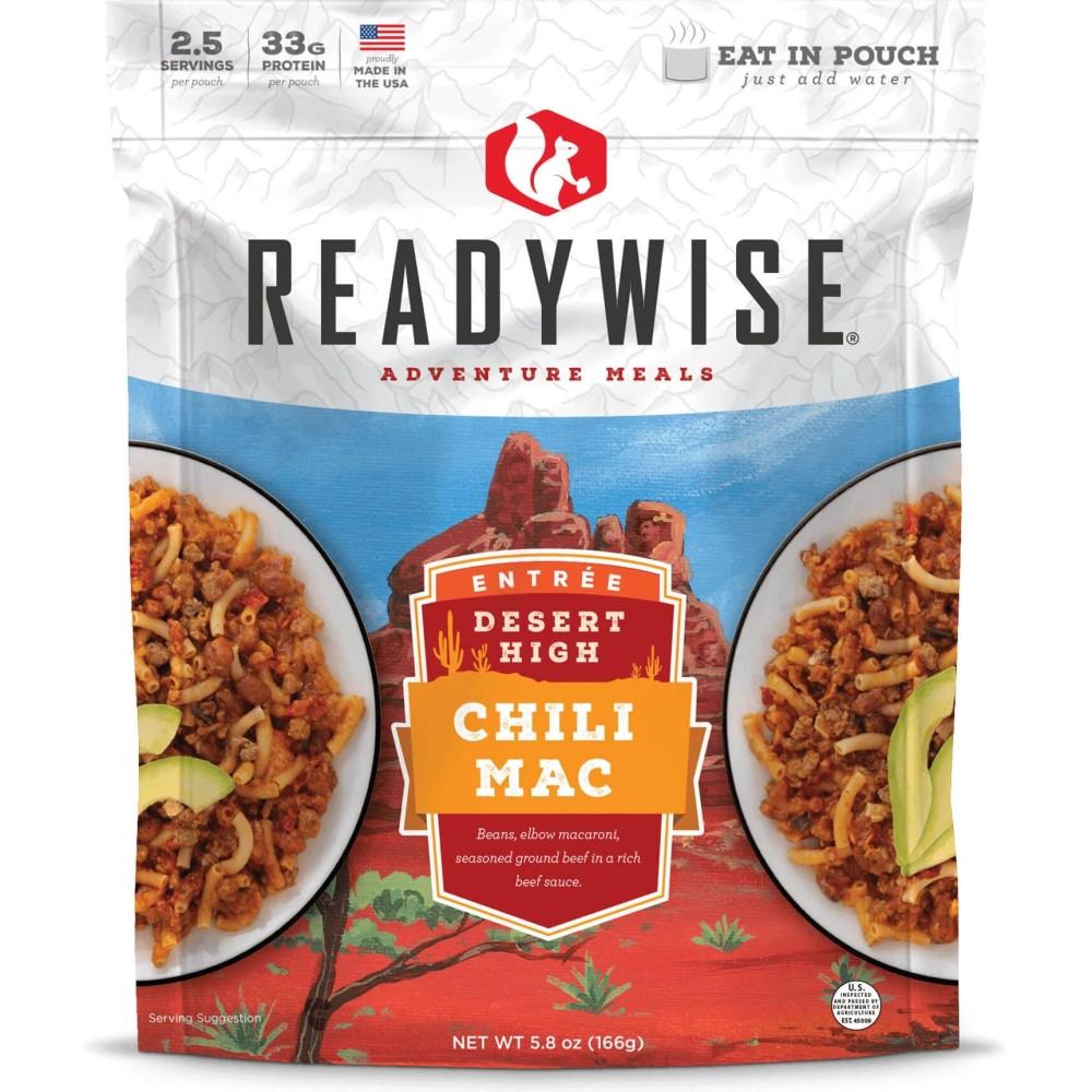 Chattanooga Readywise Desert High Chili Mac with Beef in a ready-to-eat food package, featuring beef, pasta, and chili flavor.