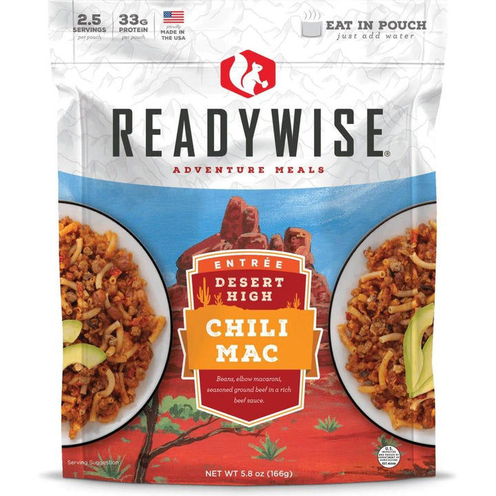 Chattanooga Readywise Desert High Chili Mac with Beef in a ready-to-eat food package, featuring beef, pasta, and chili flavor.