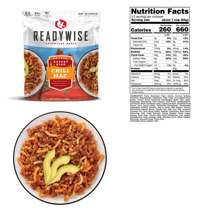 Chattanooga Readywise Desert High Chili Mac with Beef in a ready-to-eat food packet, featuring chili, pasta, and beef ingredients.