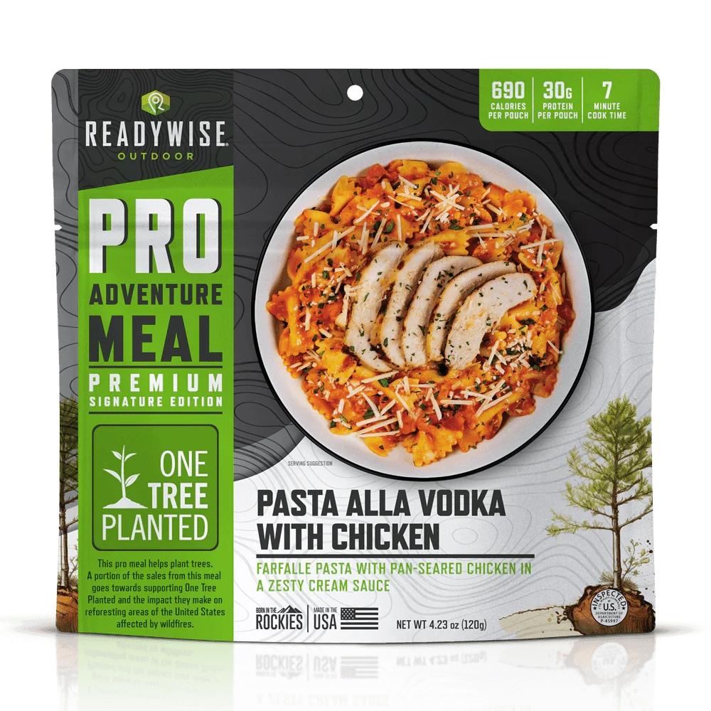 ReadyWise Outdoor Pro Meal Farfalle alla Vodka with Chicken in a single pouch, Chattanooga food product for outdoor meals.