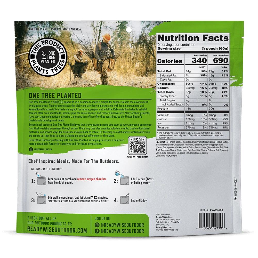ReadyWise Outdoor Pro Meal Farfalle alla Vodka with Chicken in a single pouch, Chattanooga food product with cooked pasta and sauce.