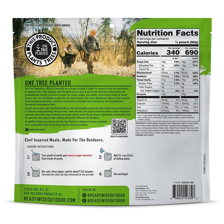 ReadyWise Outdoor Pro Meal Farfalle alla Vodka with Chicken in a single pouch, Chattanooga food product with cooked pasta and sauce.