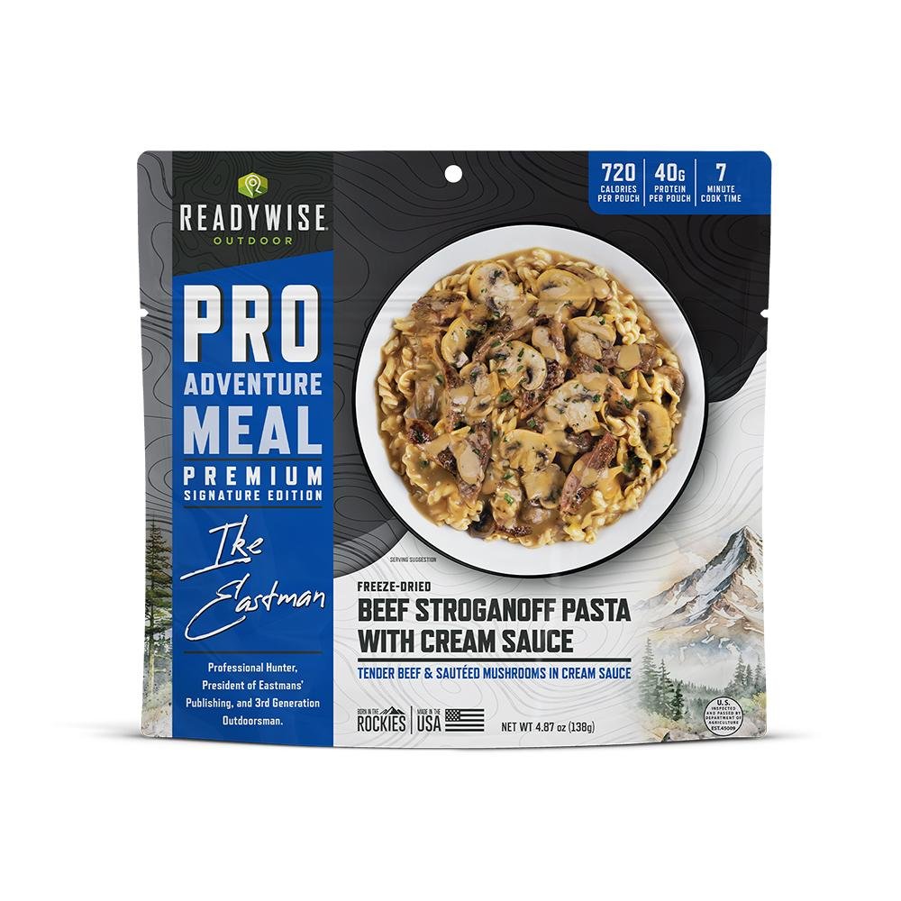 Chattanooga Readywise Pro Beef Stroganoff meal pouch showing creamy beef pasta in a 4.87 oz single pack.