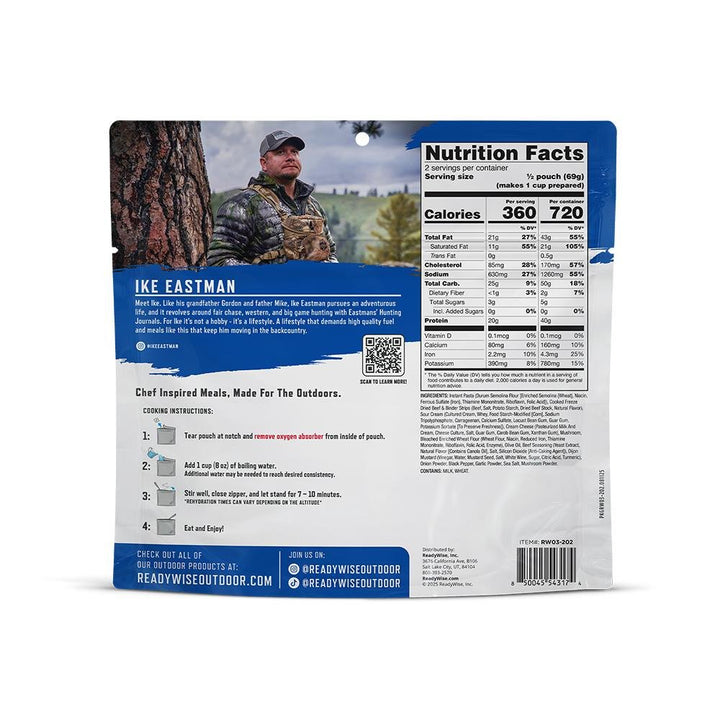 Chattanooga Readywise Pro Beef Stroganoff meal pouch with creamy pasta, 4.87 oz, ready-to-eat food product in a sealed pouch