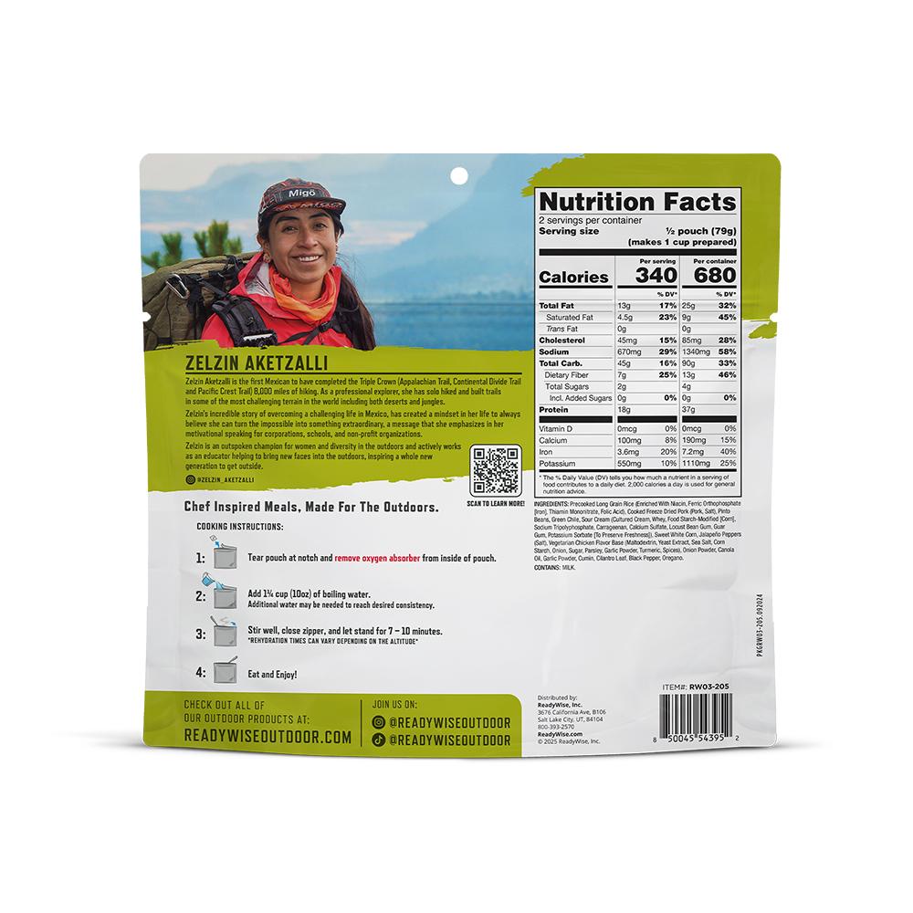 Chattanooga ReadyWise PRO Meal Pork Chili Verde single serve food package with colorful label and serving suggestion.