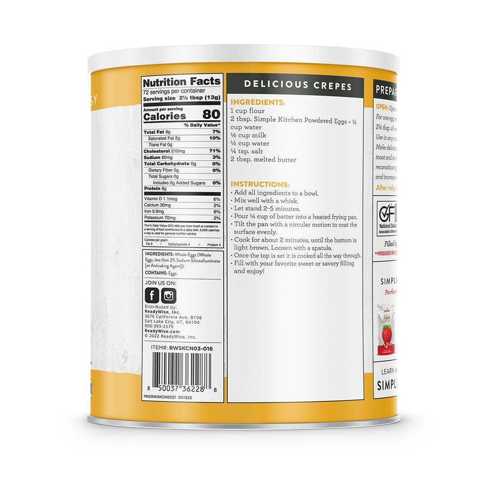 ReadyWise Simple Kitchen Powdered Eggs - 72 Serving Can - POWER FIT SHOP — Powering Preparedness, Health &amp; Home