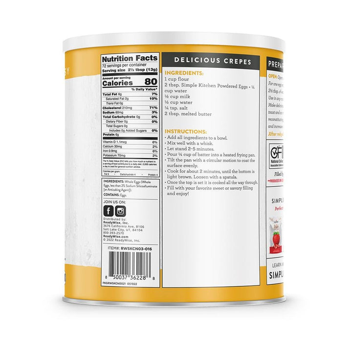 ReadyWise Simple Kitchen Powdered Eggs - 72 Serving Can - POWER FIT SHOP — Powering Preparedness, Health &amp; Home